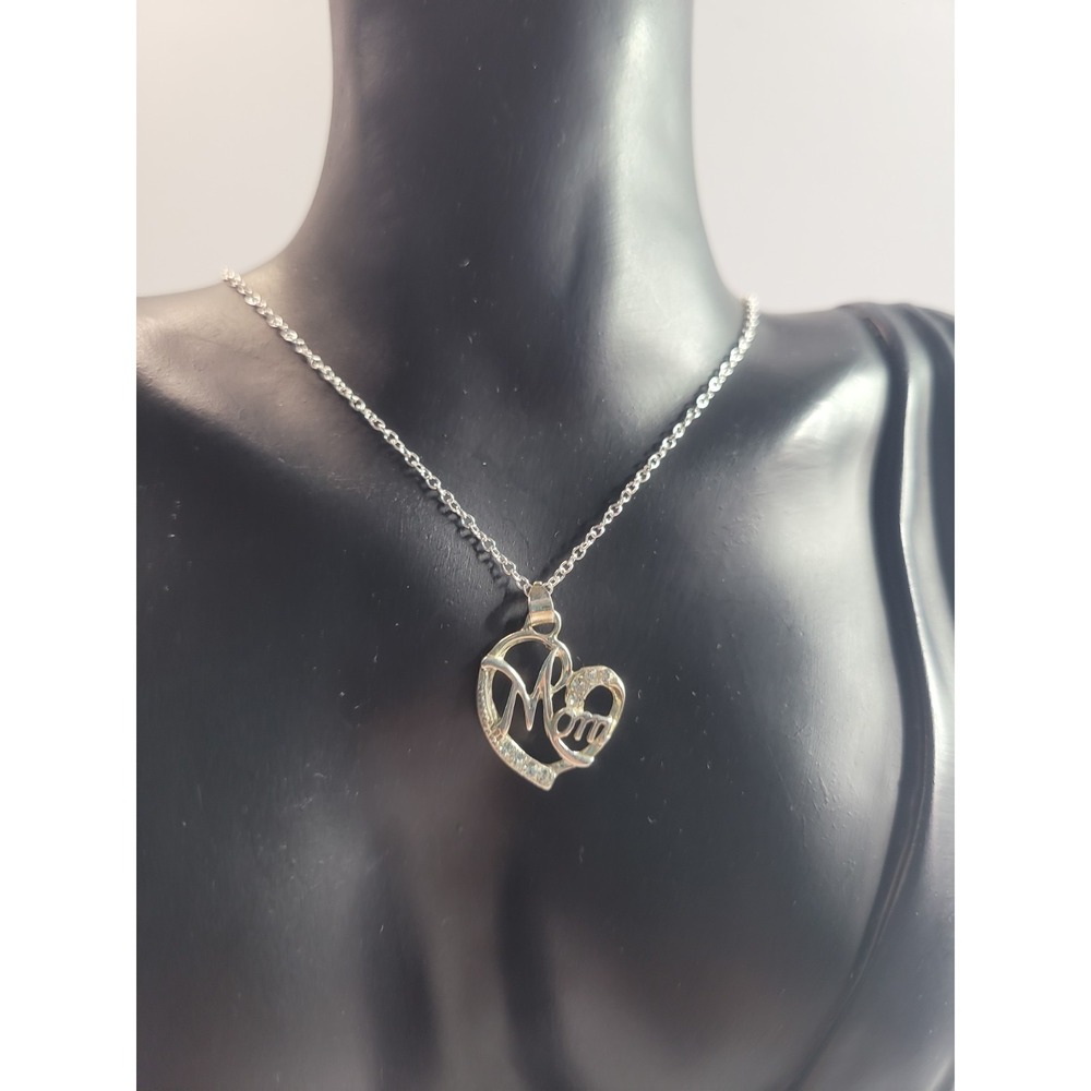 Mom Heart Pendant Necklace Silver Tone Clear Rhinestones Mother's Day Gift
